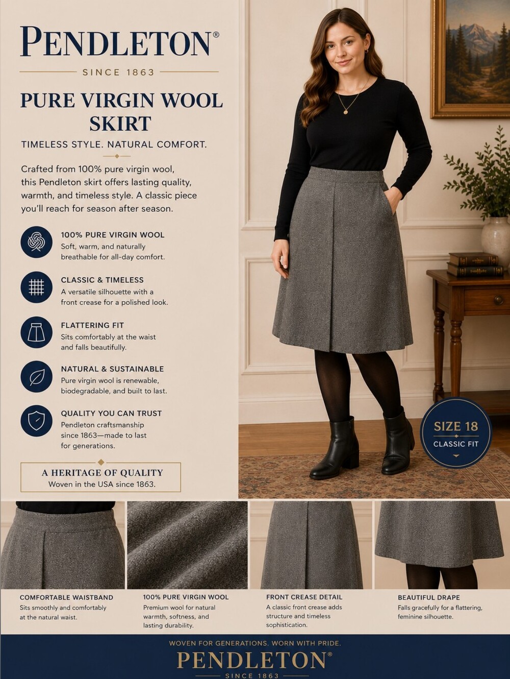 Pendleton Pure Virgin Wool A-Line Skirt in Charcoal Gray Sz 18 See Measurements